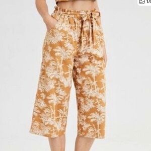 American Eagle Outfitters | Front Tie Palm Tree Mustard Yellow Paperbag Pants